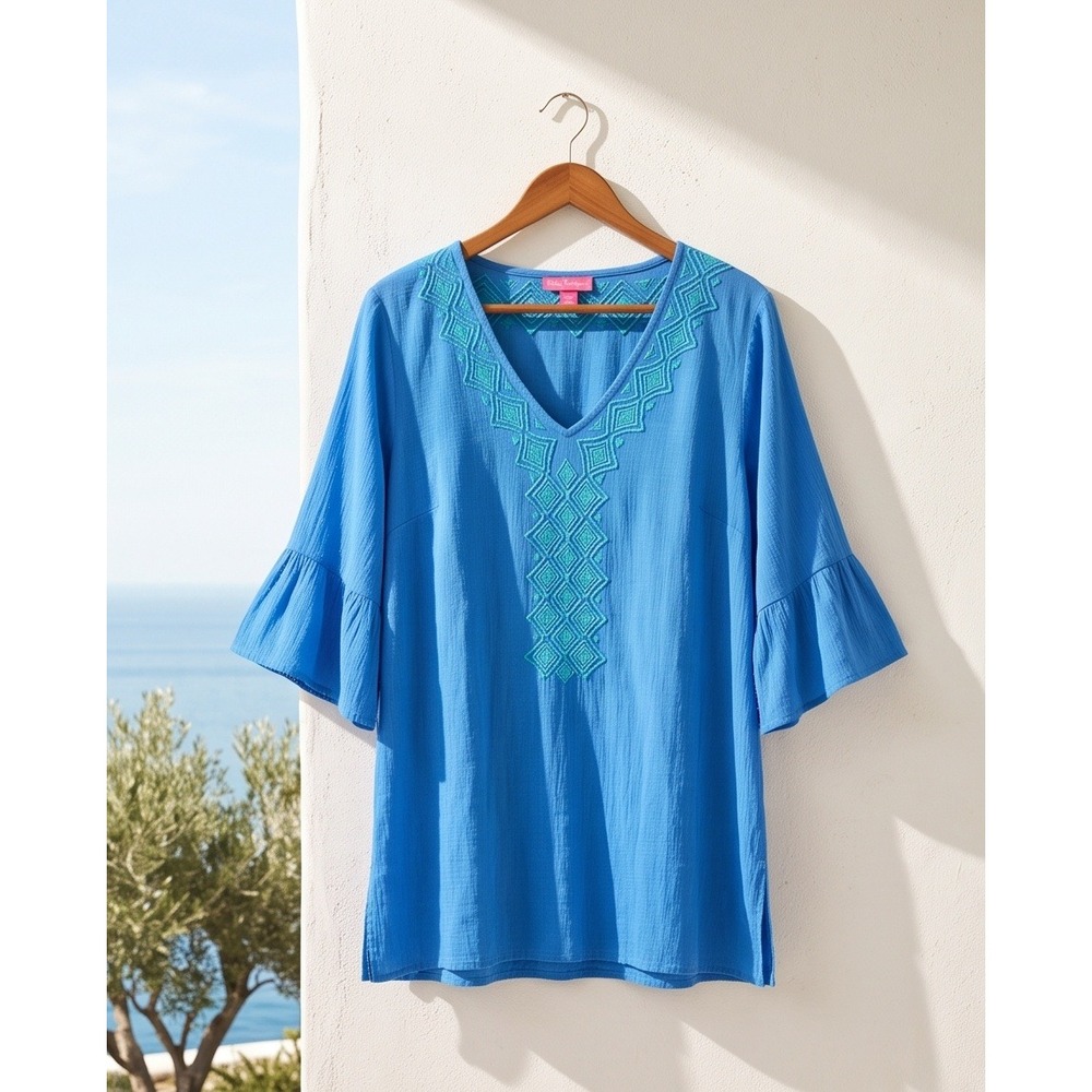 Lilly Pulitzer for Target Embroidered V-Neck Bell Sleeve Tunic Top Blue XL